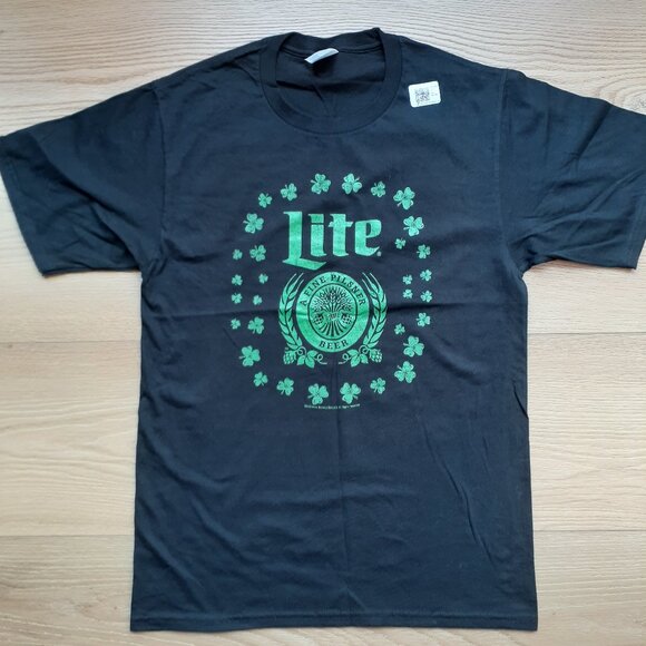 Lite - A Fine Pilsner Beer - Green Shamrocks - New Small Black T-Shirt - Picture 4 of 4